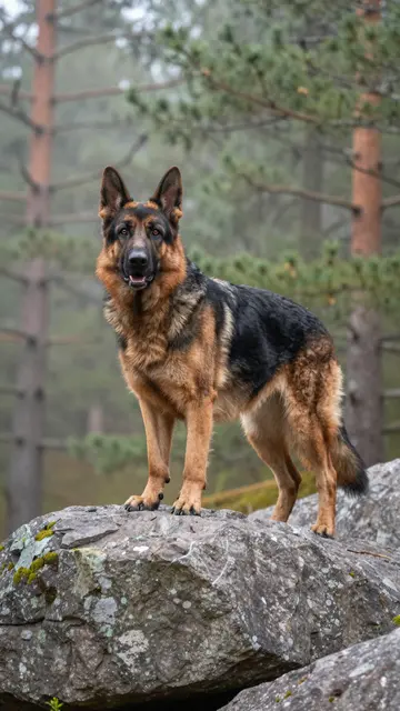 Black and tan German Shepherd stands alert on a lichen-covered boulder in a misty pine forest.