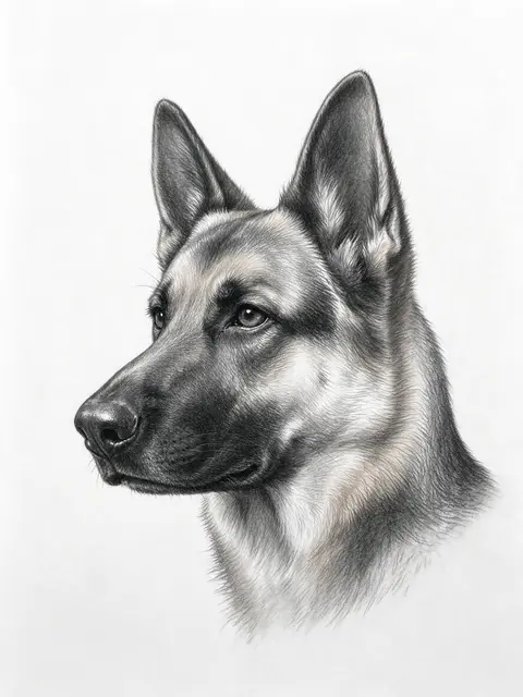 Detailed graphite pencil sketch of an alert German shepherd head in three-quarter view on white paper