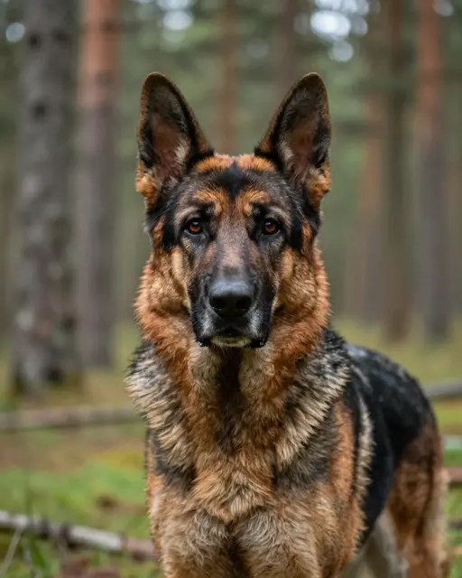 Alert German Shepherd with upright ears stands facing the camera in a blurred pine forest