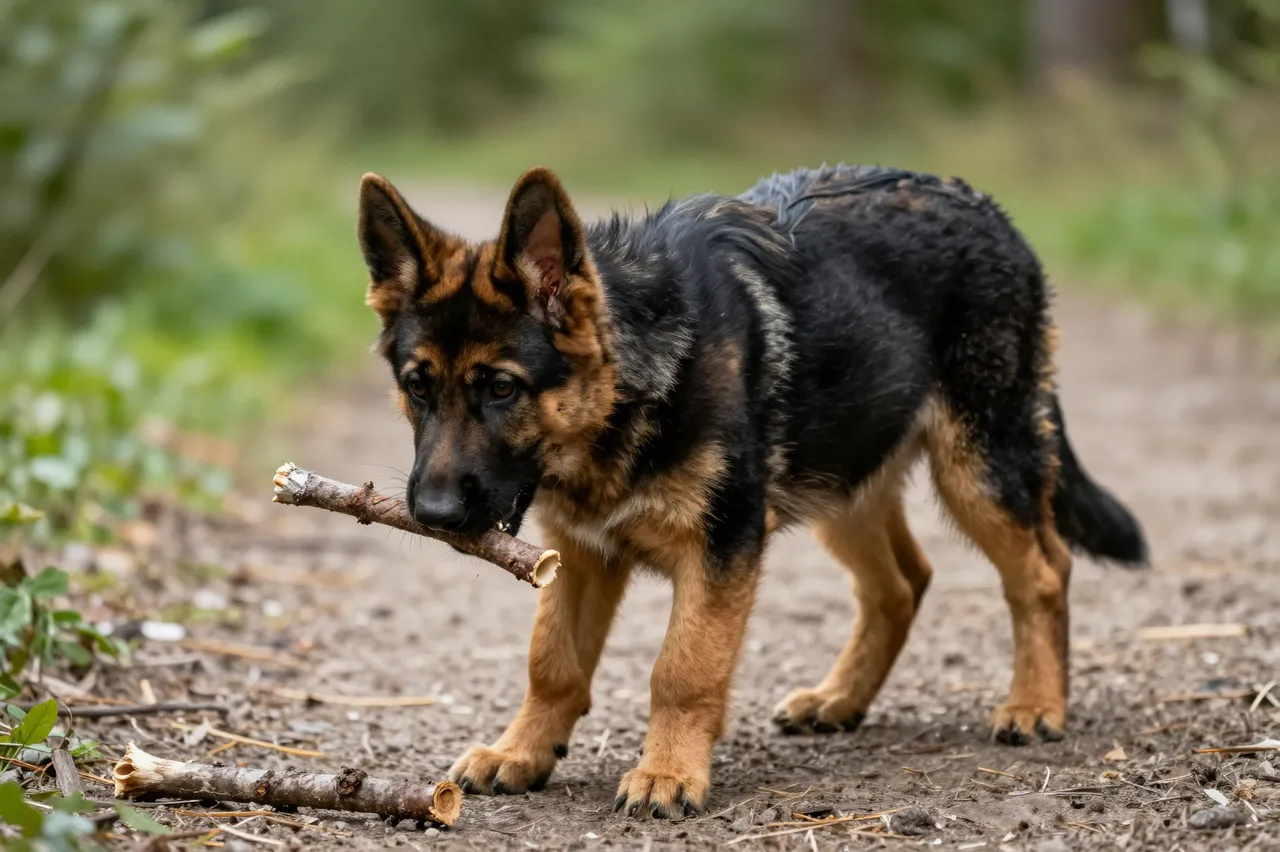A young German Shepherd puppy stands on a dirt forest path chewing a wooden stick.