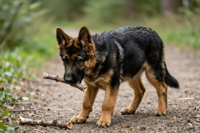 A young German Shepherd puppy stands on a dirt forest path chewing a wooden stick.
