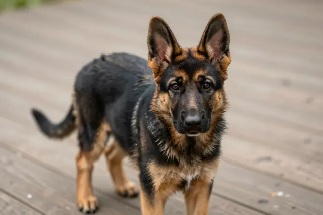A young German Shepherd puppy with large upright ears stands on a wooden deck looking directly at the camera.
