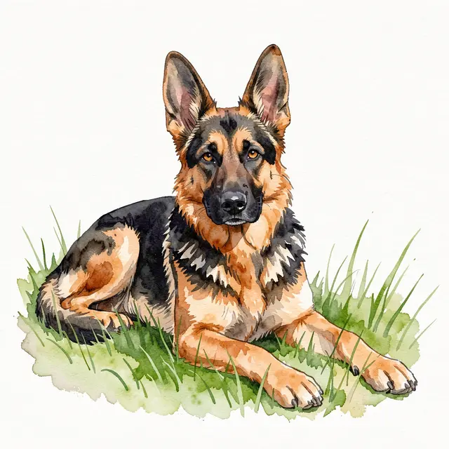 Watercolor illustration of a black and tan German Shepherd lying alert in patchy grass with erect ears.