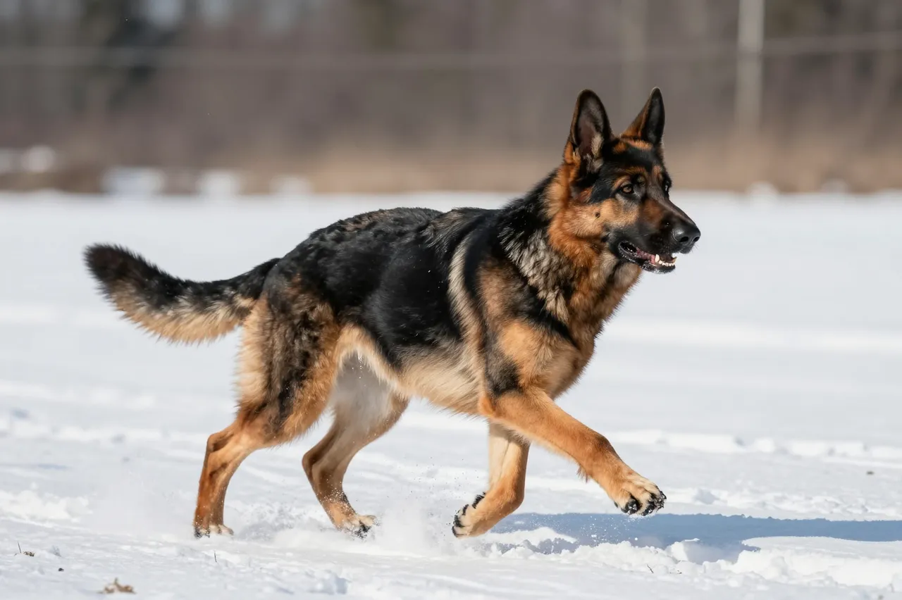 Side view of a black and tan German Shepherd running across a snowy field, kicking up loose snow powder