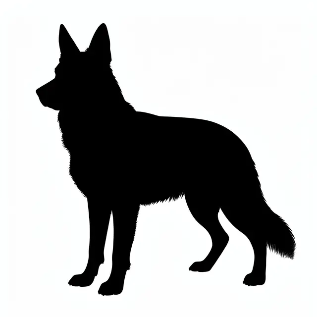 Solid black German shepherd silhouette standing alert in profile against a plain white background