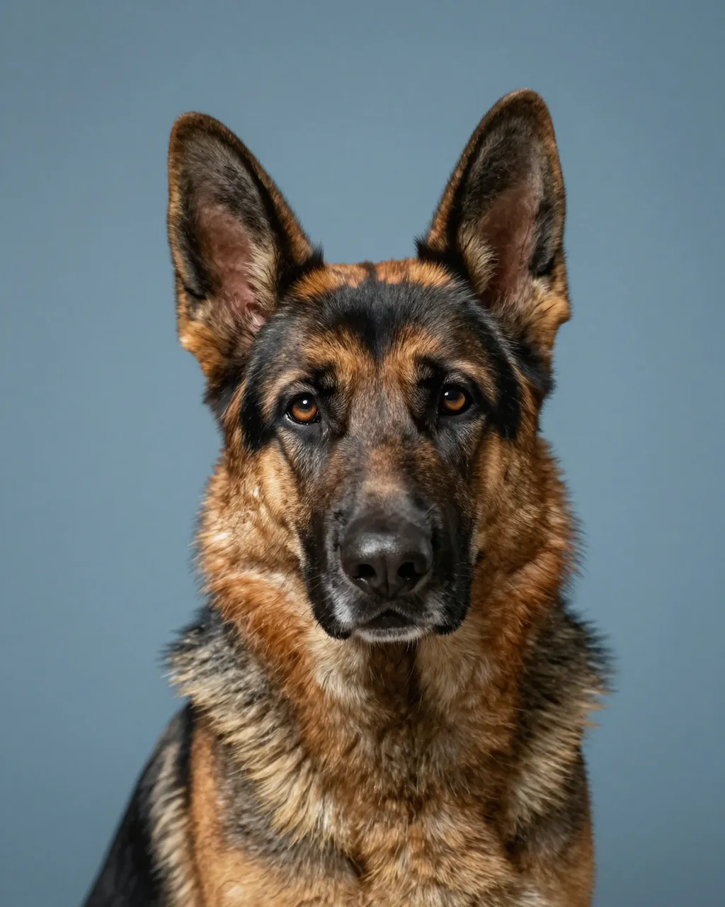 Head portrait of an alert black and tan German Shepherd against a dusty blue studio backdrop