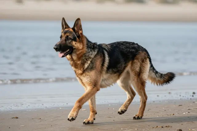 A sable German Shepherd trots across wet sandy shoreline at low tide beside calm shallow water.