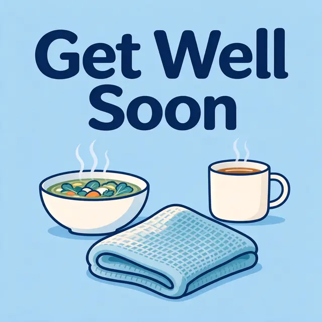Flat vector illustration with bold rounded "Get Well Soon" text, a steaming soup bowl, tea mug, and folded blanket on a