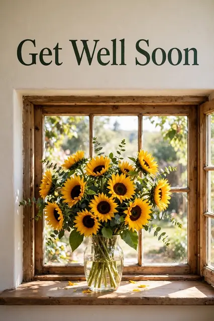 Bouquet of sunflowers in a glass vase on a sunny wooden windowsill with "Get Well Soon" text above