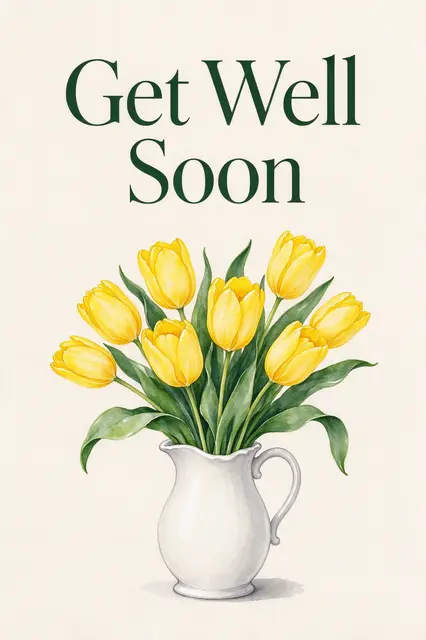 Watercolor illustration of yellow tulips in a white pitcher with the text "Get Well Soon" above the flowers on cream paper.