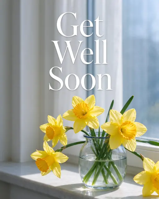 "Get Well Soon" text appears above yellow daffodils in a glass vase on a sunny windowsill