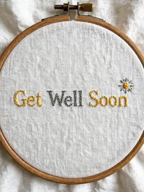 Wooden embroidery hoop with stitched "Get Well Soon" lettering and a small sun on white linen