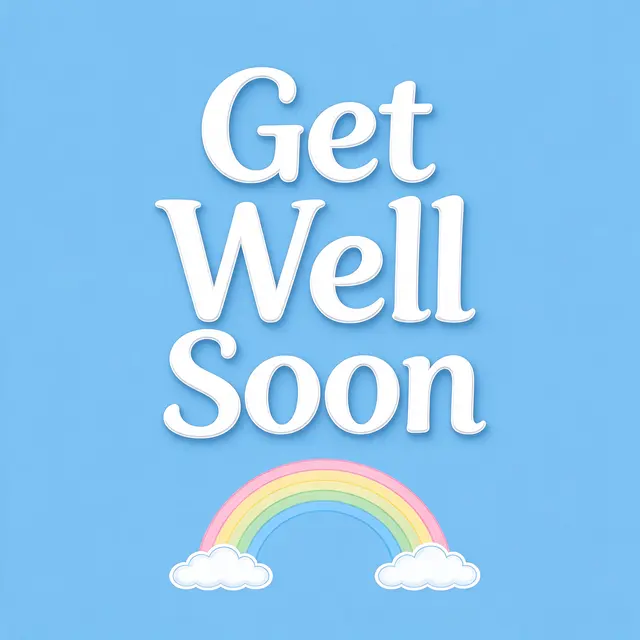 White rounded 'Get Well Soon' lettering sits above a pastel line rainbow and fluffy clouds on a soft sky blue background