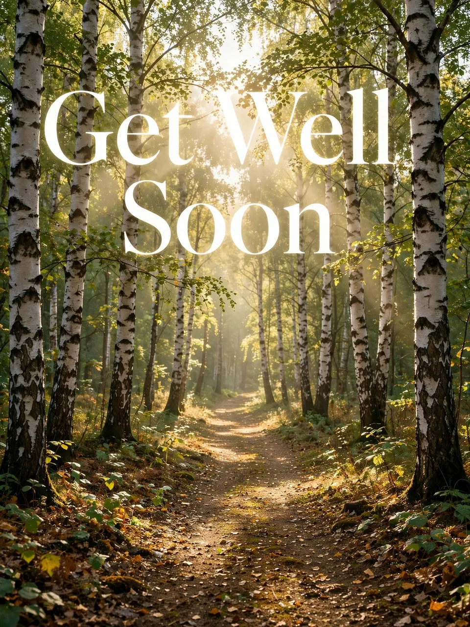 White serif text "Get Well Soon" floats over a sun-dappled dirt path winding through a birch forest.