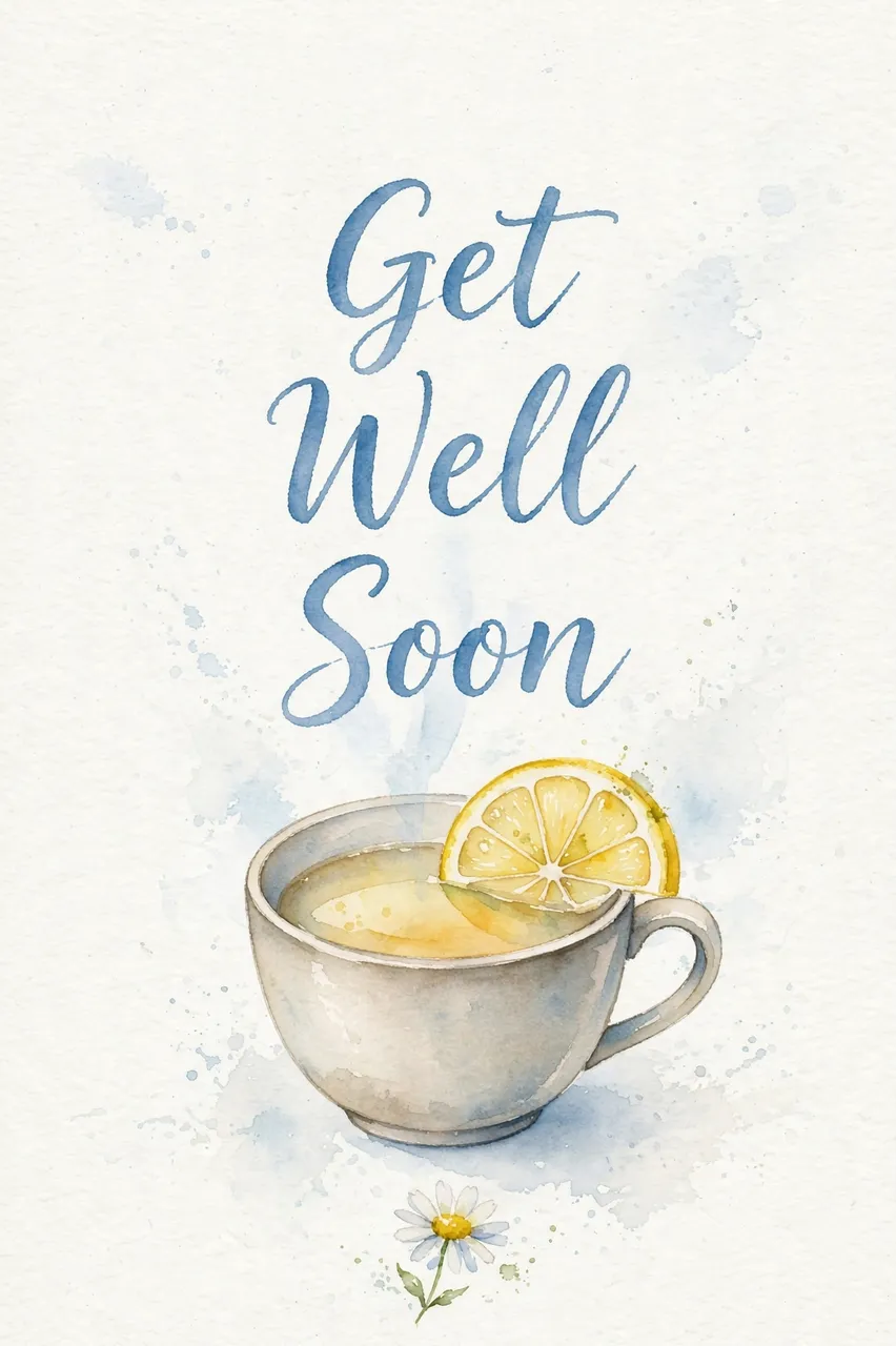 "Get Well Soon" soft blue brush lettering above a watercolor cup of lemon tea and a small daisy on textured white paper