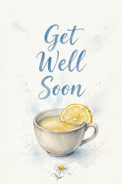 "Get Well Soon" soft blue brush lettering above a watercolor cup of lemon tea and a small daisy on textured white paper