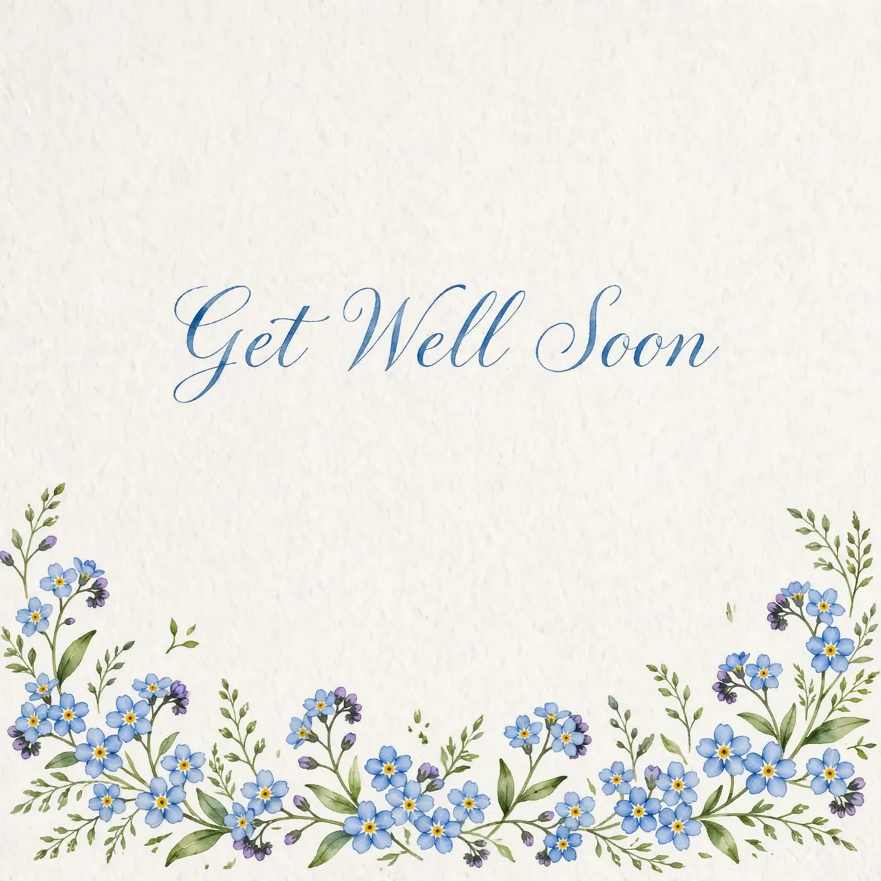 "Get Well Soon" in delicate blue script above a watercolor border of forget-me-not flowers on textured white paper