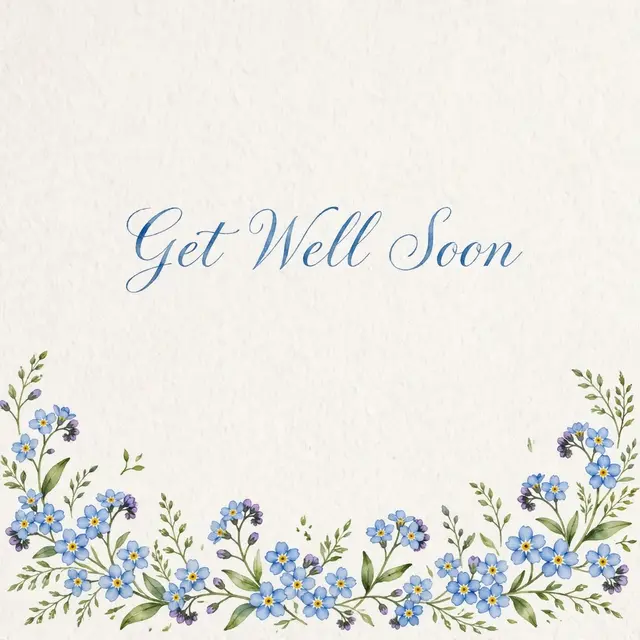 "Get Well Soon" in delicate blue script above a watercolor border of forget-me-not flowers on textured white paper