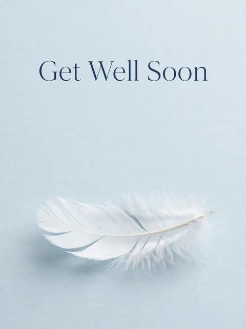 "Get Well Soon" in navy serif text sits above a single white feather on a pale blue background