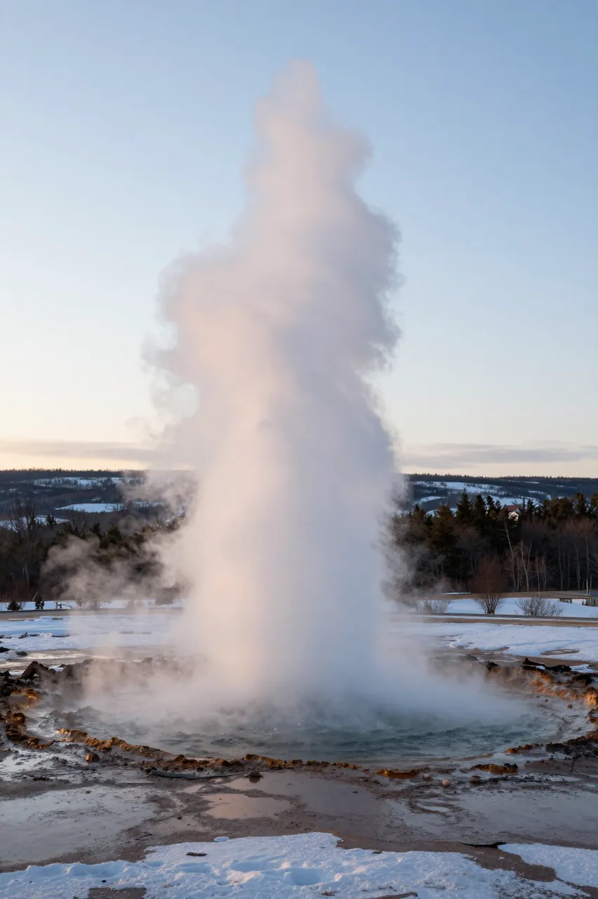 A geyser erupts with a tall steam column in a snow-dusted valley at soft dawn light