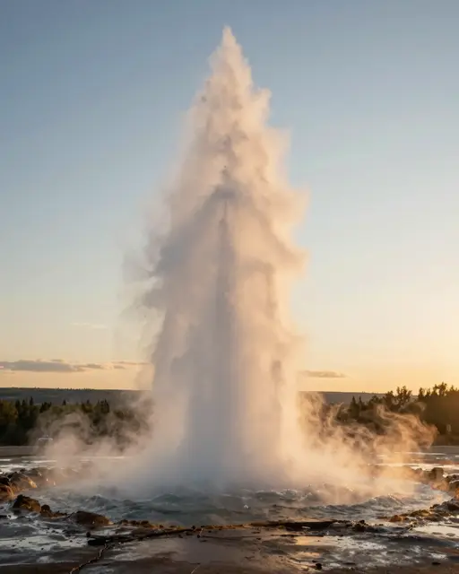A geyser erupts in a tall column of steam and water backlit by warm golden sunset light