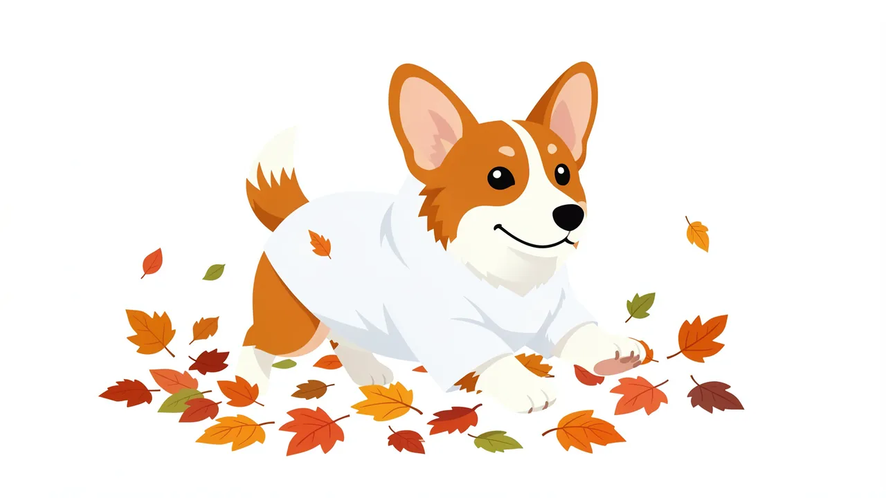 A corgi in a white ghost costume stands surrounded by scattered autumn fall leaves on a plain white background.