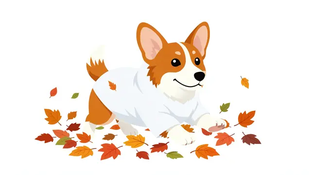 A corgi in a white ghost costume stands surrounded by scattered autumn fall leaves on a plain white background.