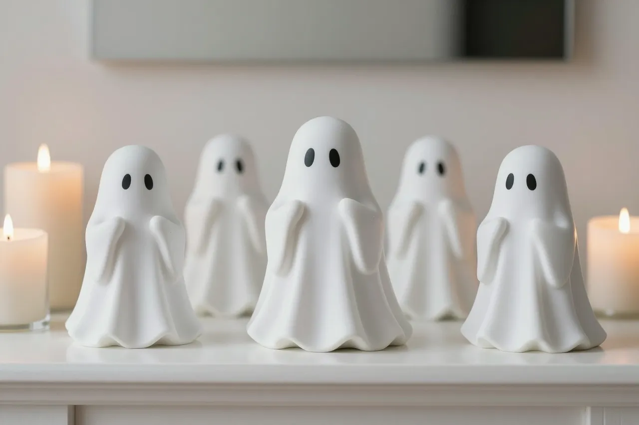 Five cute white ghost figurines sit flanked by lit cream candles on a white fireplace mantel.