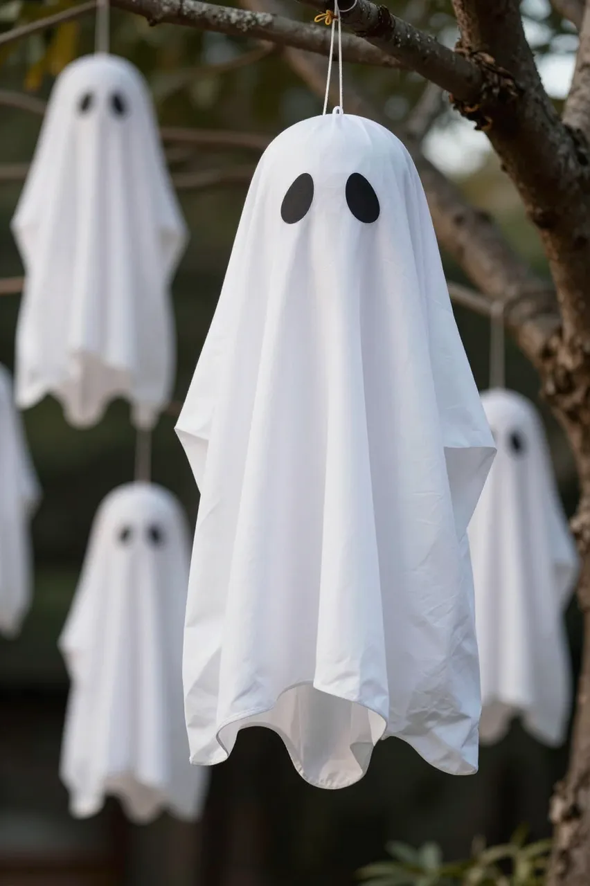 White sheet ghost Halloween decorations hang from tree branches at soft dusk, with a blurred background.
