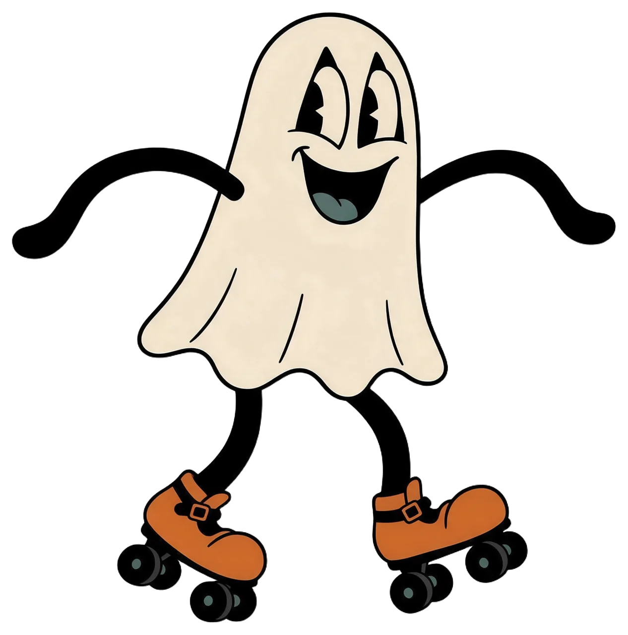 Cheerful vintage rubber hose cartoon ghost roller skating with outstretched arms for balance