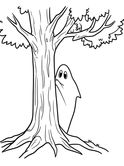 Simple black and white line art of a friendly ghost peeking out from behind a large tree on a white background
