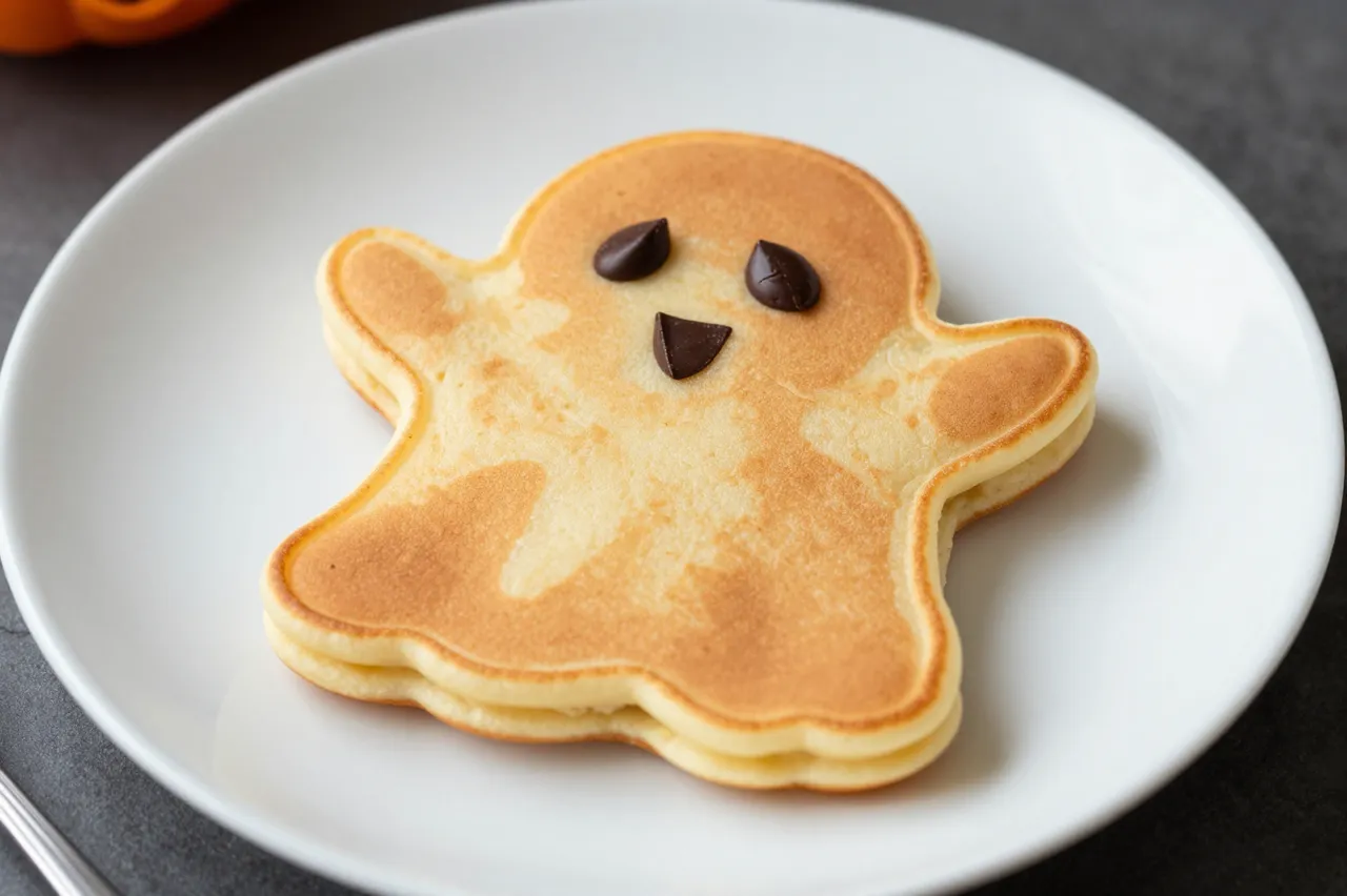 Cute ghost-shaped pancake with chocolate chip eyes sits on a white plate for Halloween breakfast