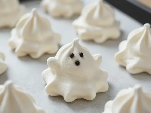 Cute ghost shaped meringue treats rest on parchment lined baking tray