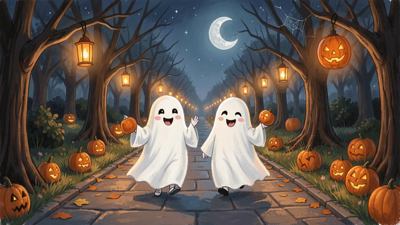 Two cute cartoon ghosts hold small jack-o-lanterns while walking a lantern-lit Halloween path at night