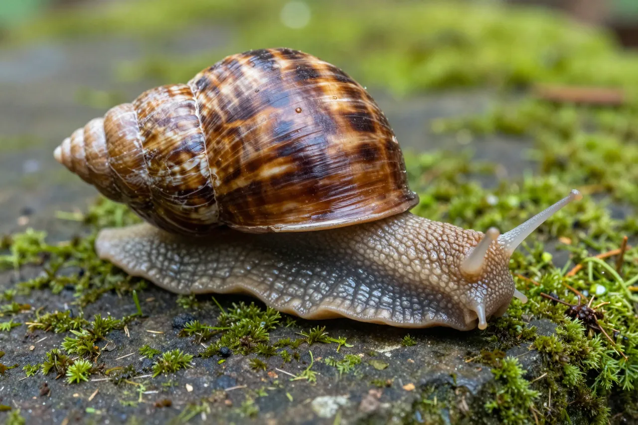 A patterned giant African land snail rests atop damp moss-covered stone