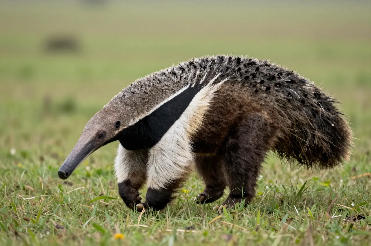 A giant anteater walks slowly across an open grassy plain with blurred distant background.