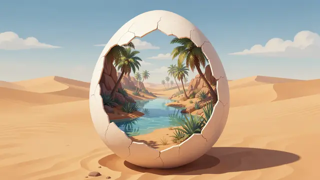 A giant cracked eggshell holding a desert oasis sits on sunlit sand dunes under a pale blue sky