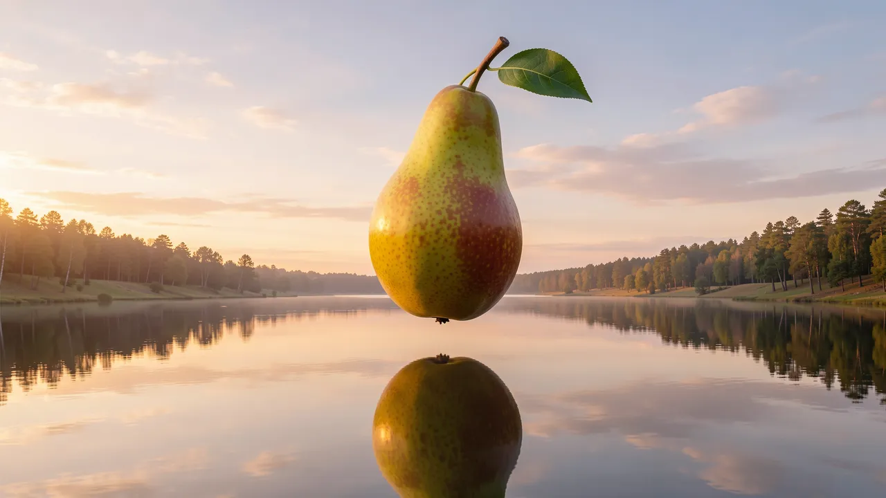 A large floating pear casts a soft reflection on a still forest lake at sunrise