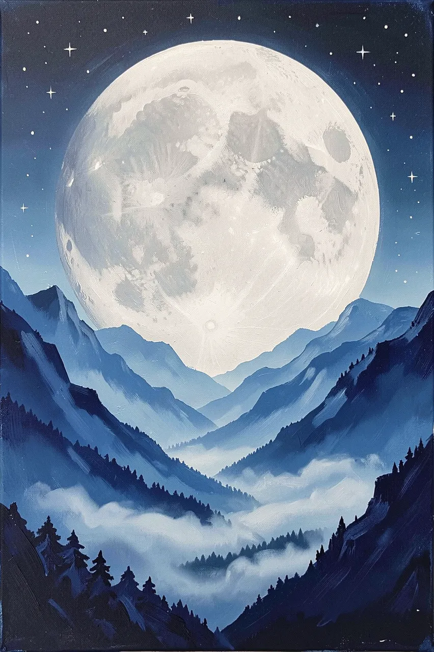 Acrylic painting of a huge pale full moon rising above layered blue misty mountains with tiny stars in a night sky