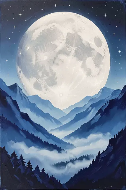 Acrylic painting of a huge pale full moon rising above layered blue misty mountains with tiny stars in a night sky