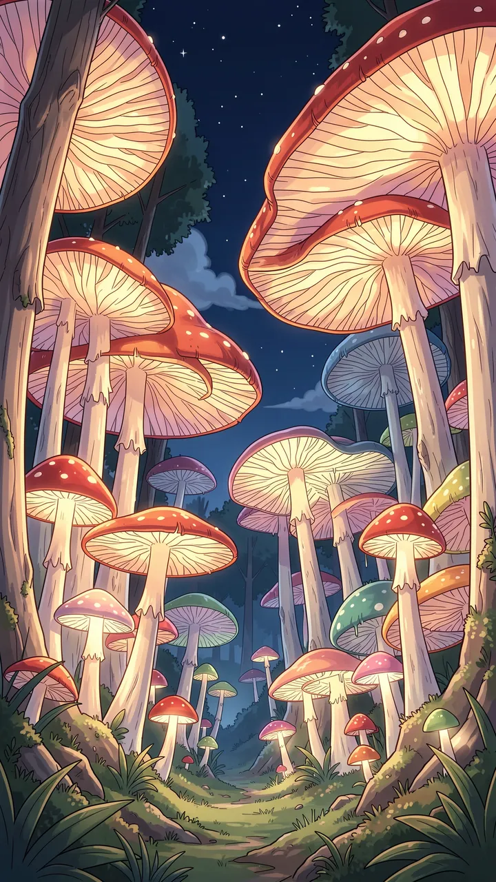 Vertical anime illustration of a nighttime forest filled with tall glowing giant mushrooms under a starry sky
