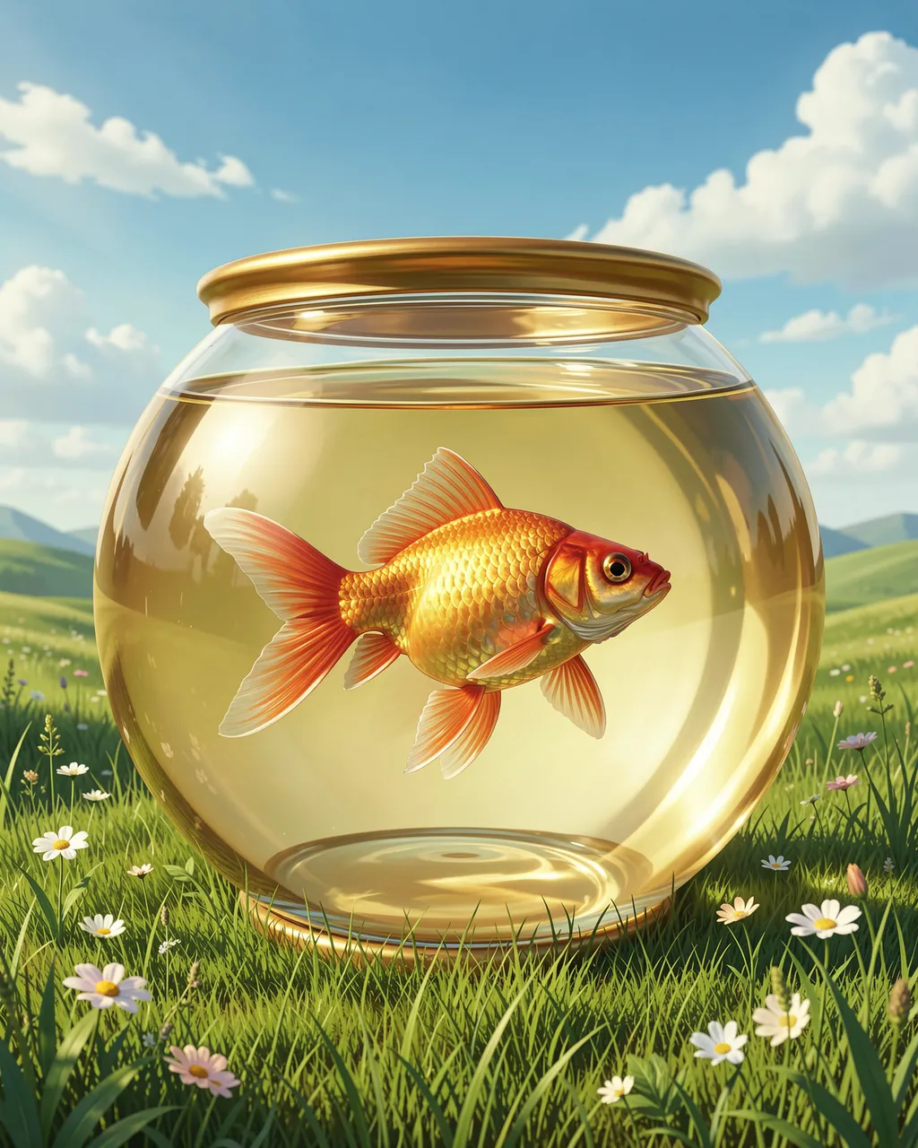 A large glass goldfish bowl holding a swimming goldfish sits on a sunlit green wildflower meadow