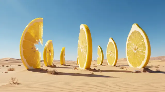 Upright giant lemon slices stand as surreal monoliths across sunlit desert sand dunes under a clear blue sky