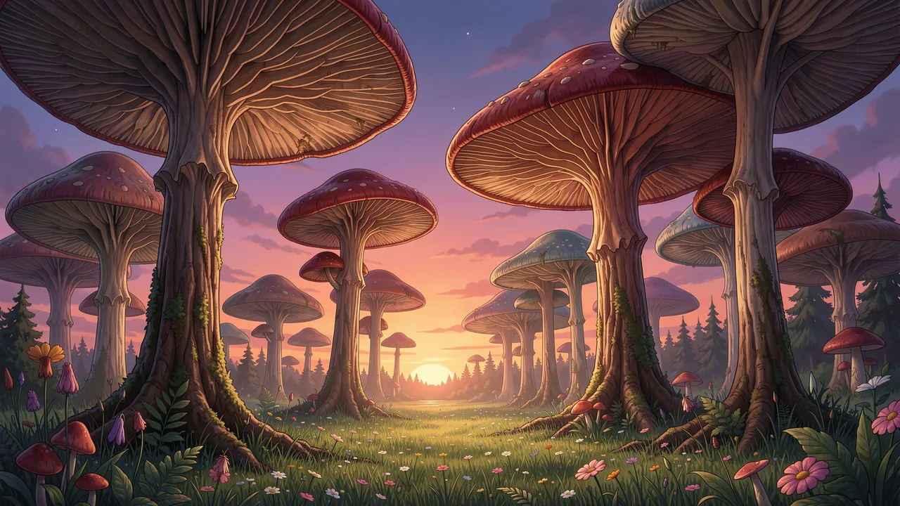 Tall tree-sized giant mushrooms frame a flowered meadow under a pastel twilight sunset sky