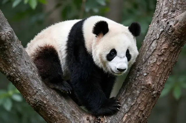 A fluffy giant panda cub rests perched between the branches of a rough bark tree.