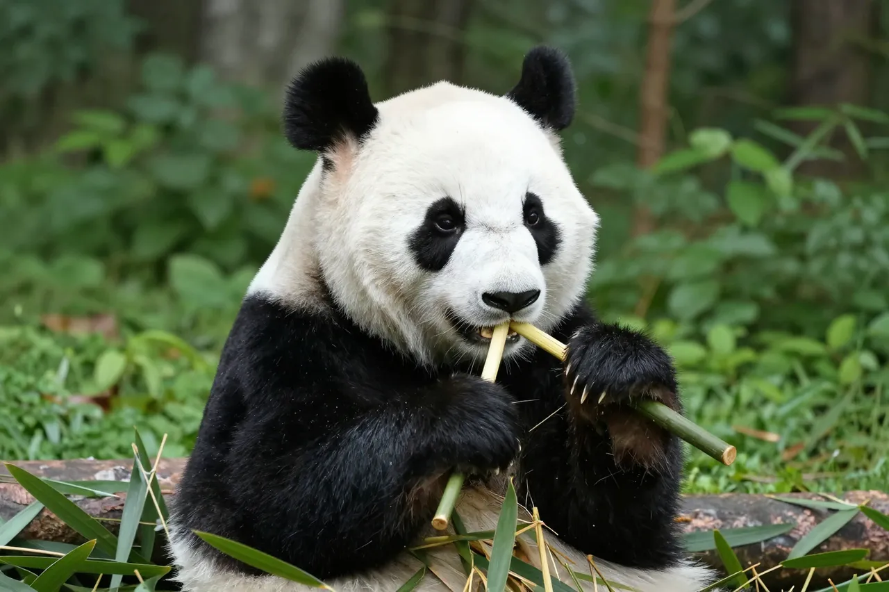A giant panda sits holding and chewing bamboo stalks in a lush green forest.
