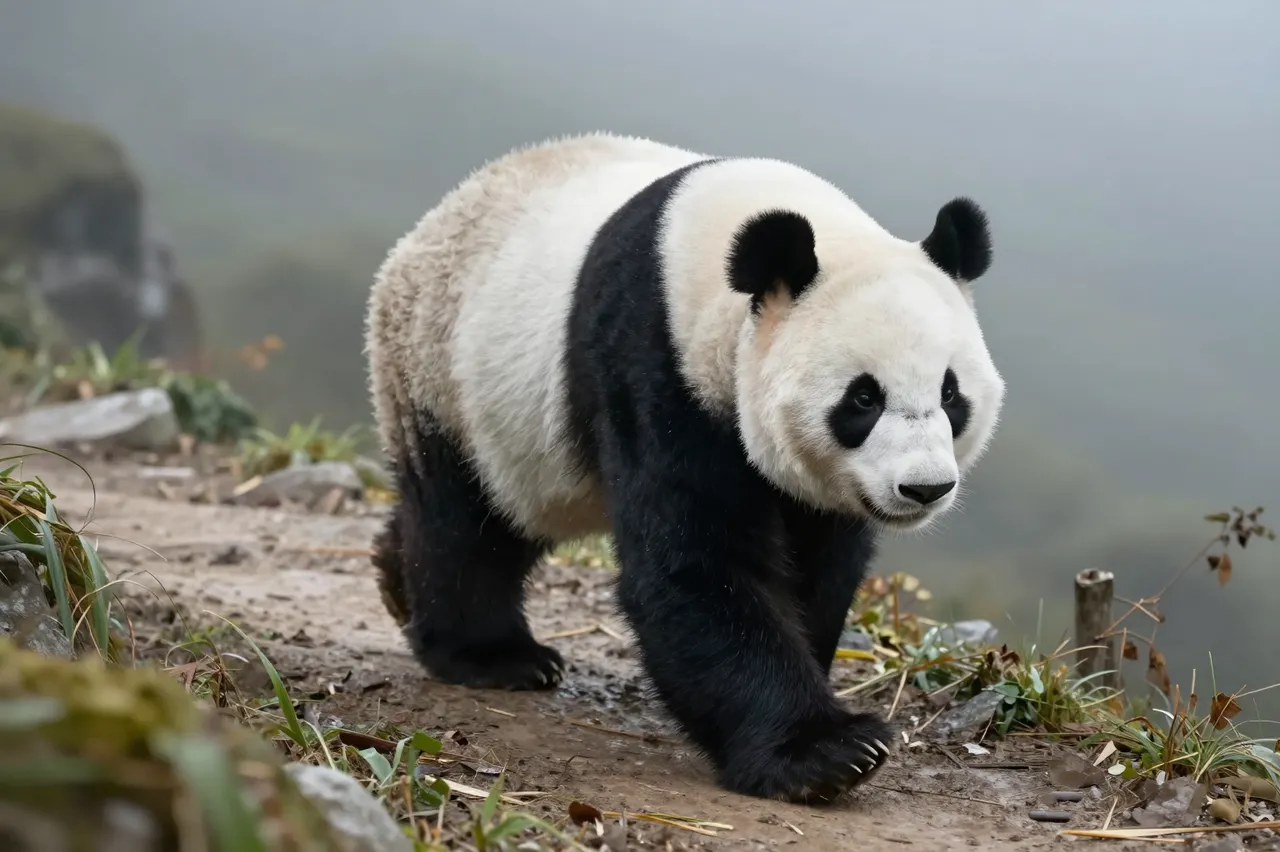 A giant panda walks slowly along a dirt mountain trail surrounded by thick hazy fog