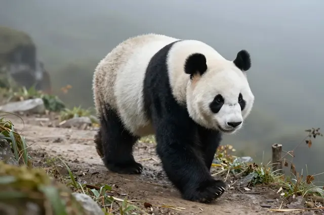 A giant panda walks slowly along a dirt mountain trail surrounded by thick hazy fog
