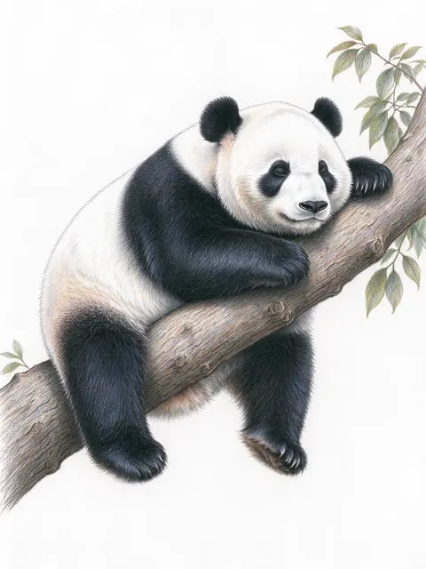 Colored pencil drawing of a relaxed giant panda lying across a thick tree branch with dangling legs