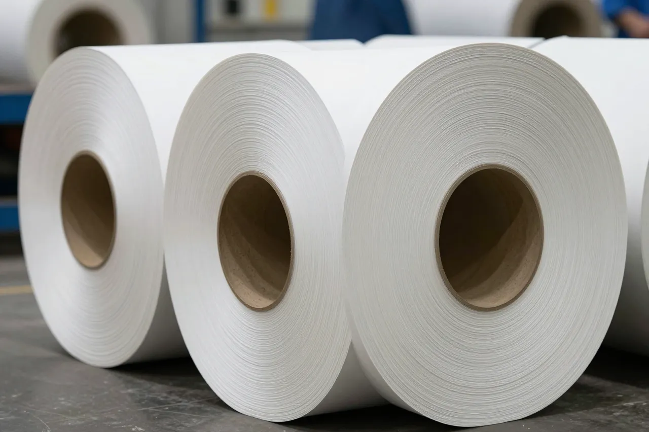 Large white industrial paper rolls stand lined up on a factory floor